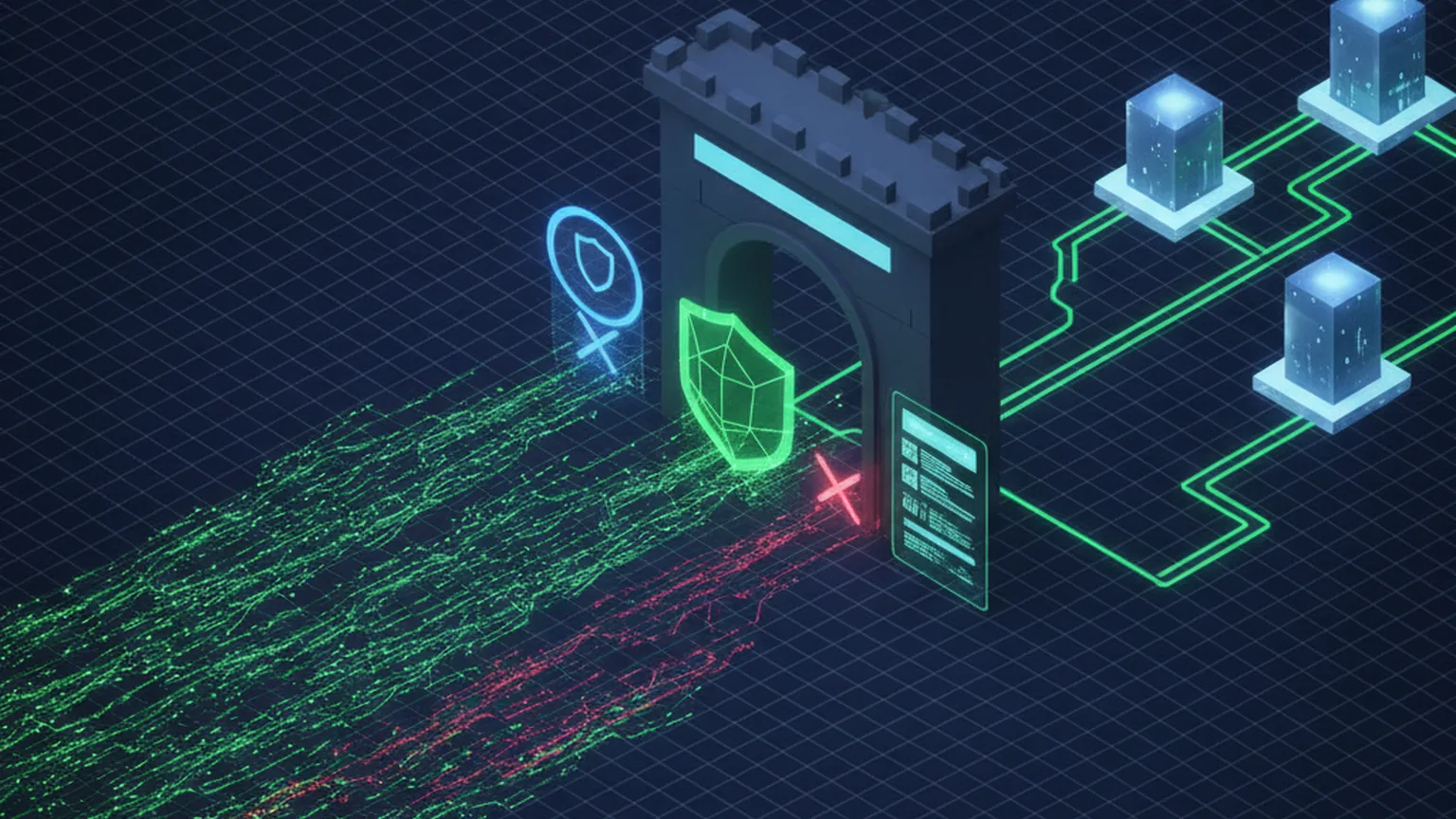 Isometric diagram of AI agent data streams passing through a single secure gateway that checks identity, applies a policy shield and writes an audit log before reaching enterprise data vaults