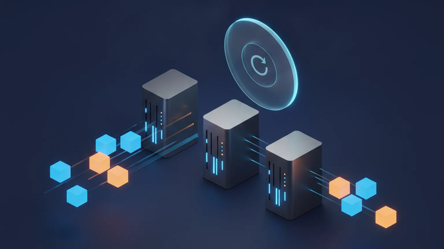 Isometric illustration of three identical server nodes with self-contained blue and amber data packets flowing independently to each one and a stateless refresh symbol above, on a deep navy background