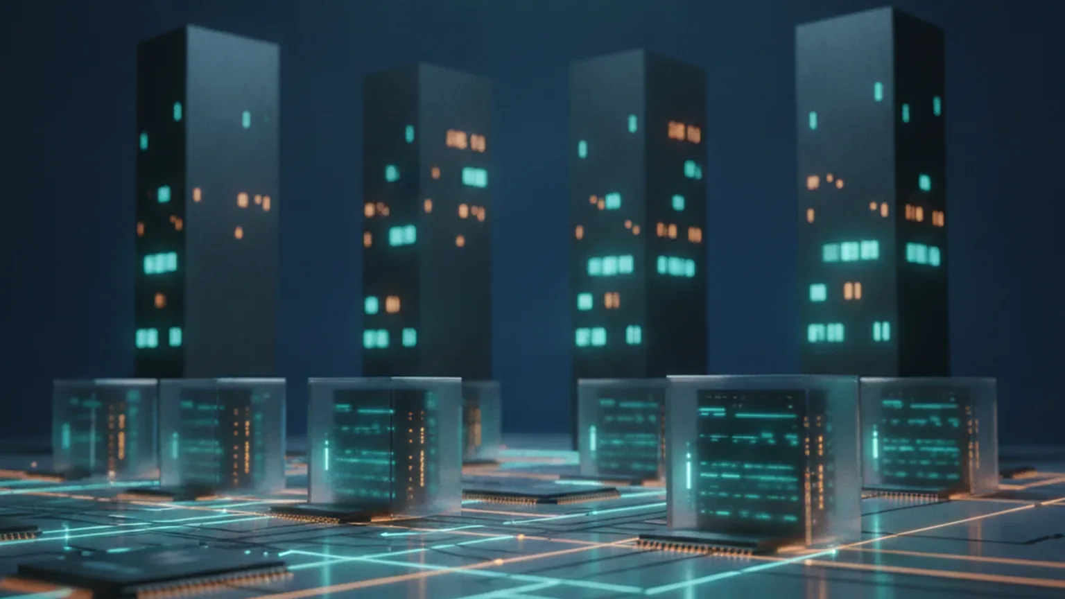 Abstract illustration of four data-center towers above rows of glowing GPU server racks connected by network lines on a deep navy background, representing a new AI-cloud entrant