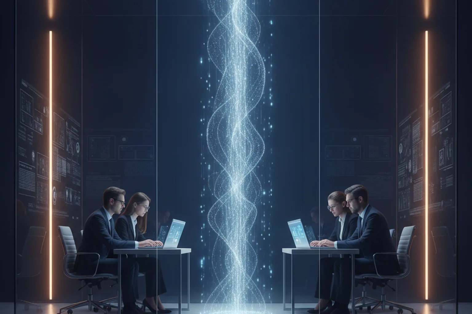Software engineers and business staff collaborating around laptops with abstract holographic AI network nodes and data streams, on a deep navy background