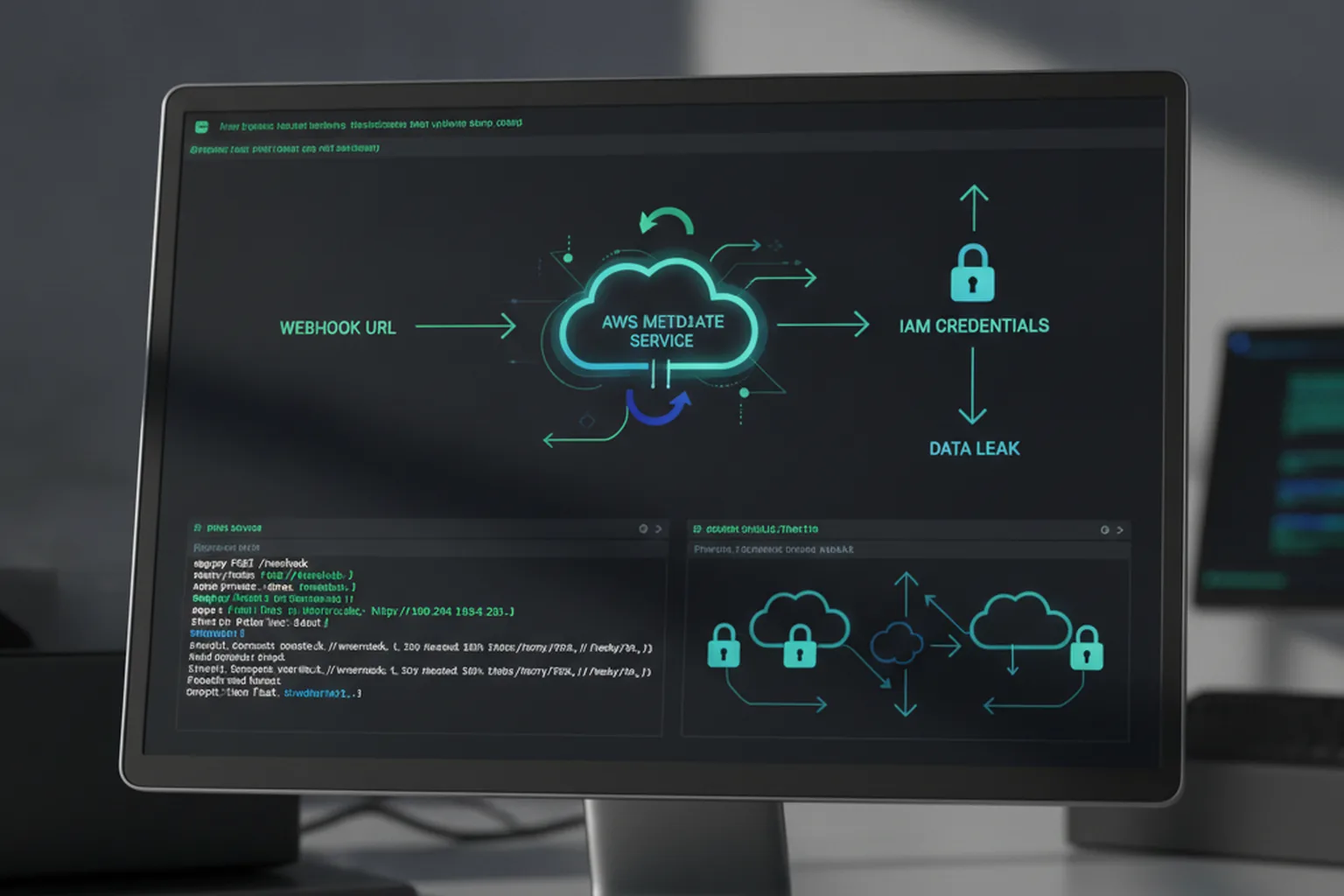 Monitor showing an SSRF attack chain diagram with webhook URL redirecting through AWS instance-metadata service to leak IAM credentials