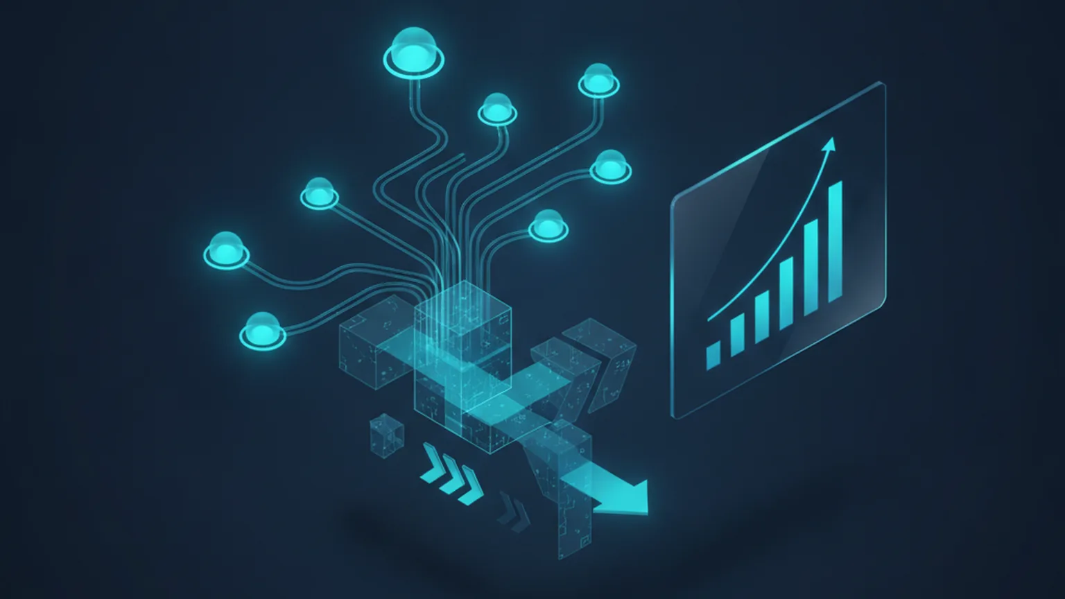 Multiple glowing AI agent nodes converging into a software build pipeline of geometric blocks and arrows, next to an abstract analytics panel with a rising chart, illustrating multi-agent orchestration with cost tracking