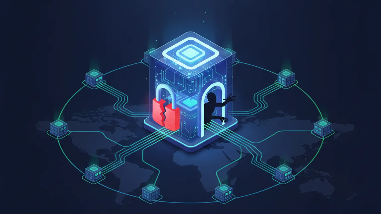 Isometric illustration of a central network orchestrator console with a broken red padlock at an open gateway and an intruder silhouette reaching through, with command lines flowing out to a ring of connected branch-office and edge router nodes across a world map on a deep navy background