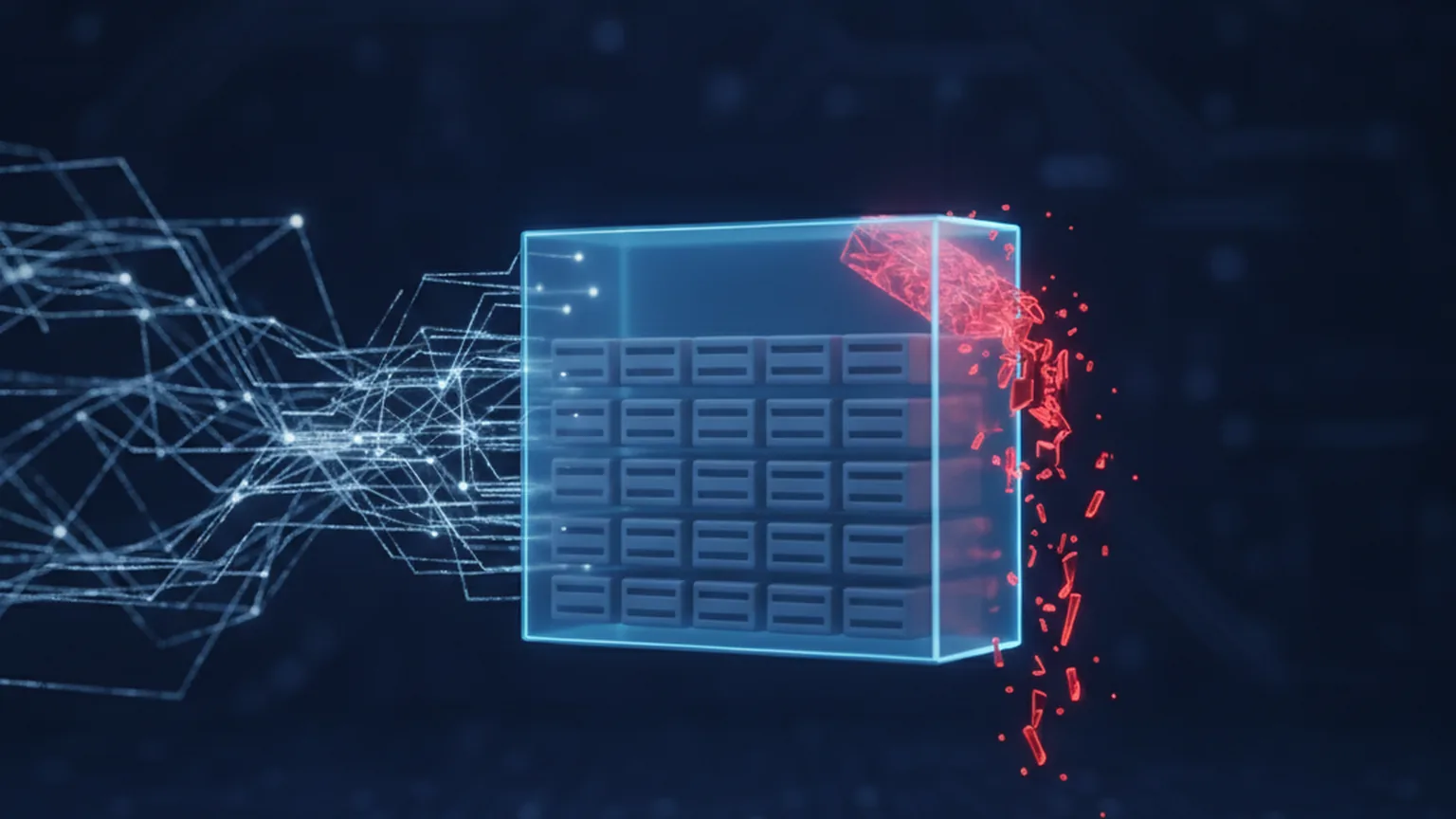 A glowing blue container of stacked memory blocks representing an nginx worker process, one block overflowing and spilling red fragments past its boundary as HTTP request lines flow in from the left