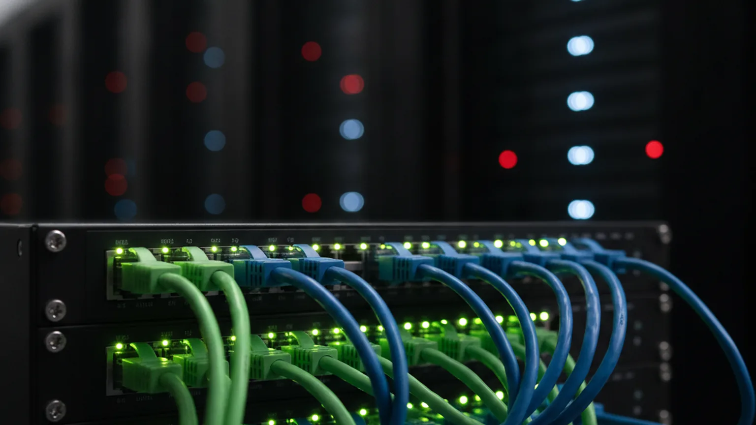 Server-room network switch with green and blue ethernet cables and glowing status LEDs, representing backend services running on patched Node.js