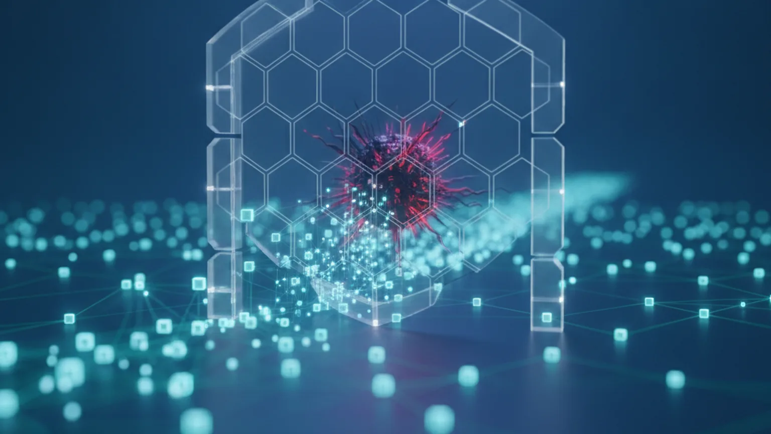A hexagonal shield gate over a glowing network of software dependency nodes, blocking a red malicious package from entering, illustrating npm 12 stopping supply-chain attacks