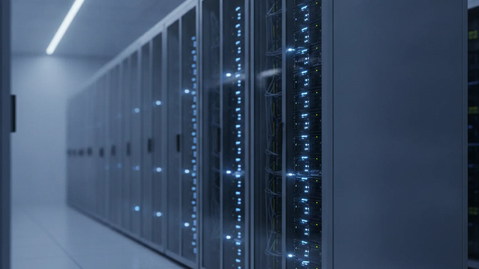 Salle de serveurs d&rsquo;un datacenter souverain fran&ccedil;ais avec &eacute;clairage bleu-blanc, illustrant la qualification SecNumCloud d&rsquo;OVHcloud et de Numspot par l&rsquo;ANSSI
