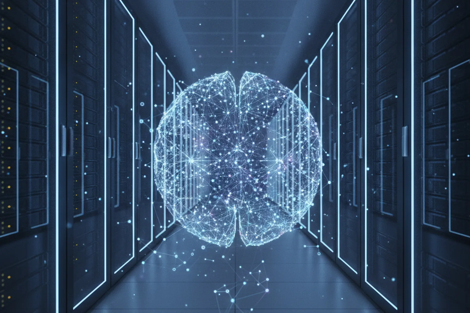 Modern enterprise data center with server racks and glowing neural network visualization representing AI-powered search infrastructure investment