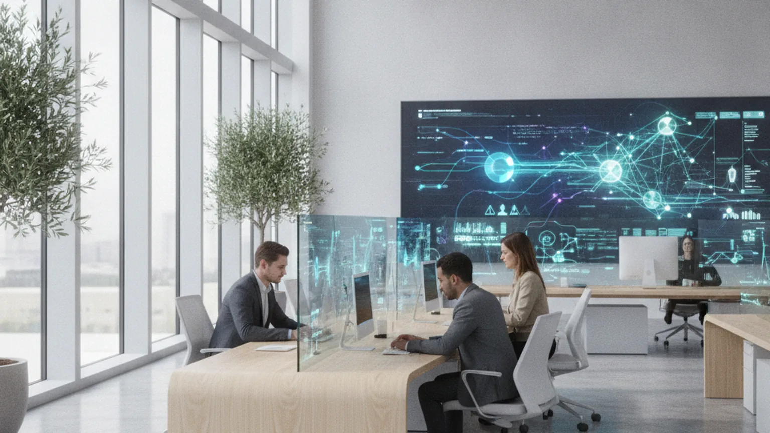 Bureau technologique lumineux en France : une équipe d'ingénieurs data et IA collabore devant de grands écrans affichant des tableaux de bord de données