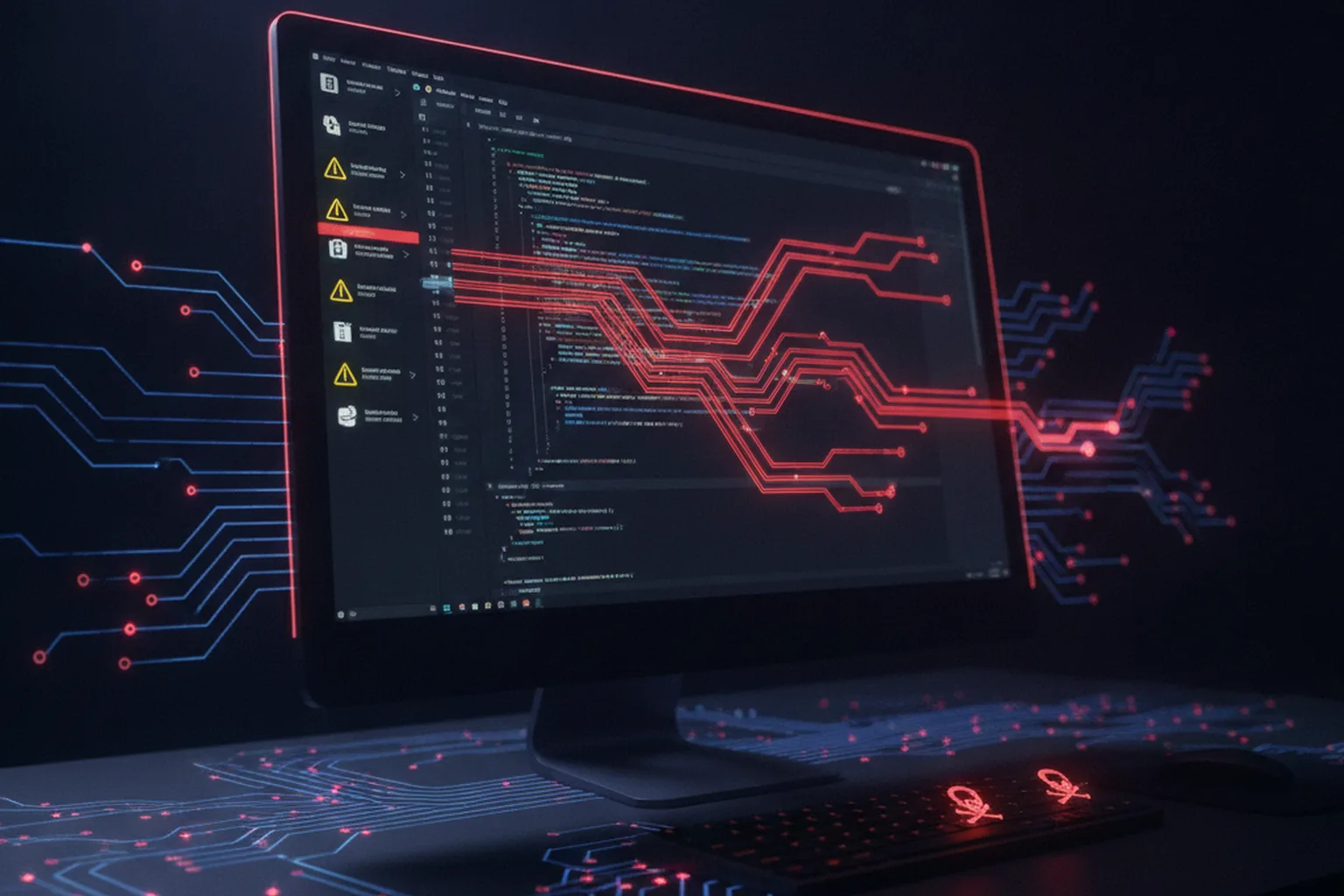 Dark developer workstation with code editor displaying red threat indicators and circuit patterns representing malicious IDE extension exfiltration