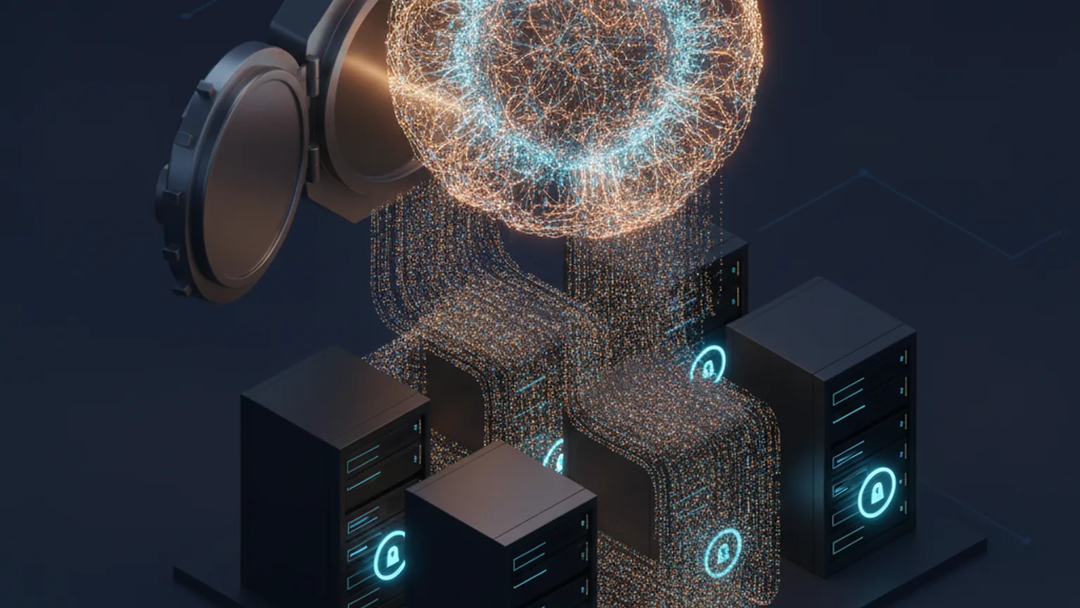 Isometric illustration of a large glowing neural-network model core streaming data down from an open vault into private, locked server racks on a deep navy background