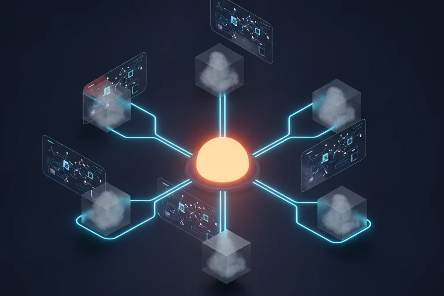 Isometric illustration of a glowing central orchestration hub linked by cyan light lines to translucent sandbox cubes and floating dashboard panels on a dark navy background