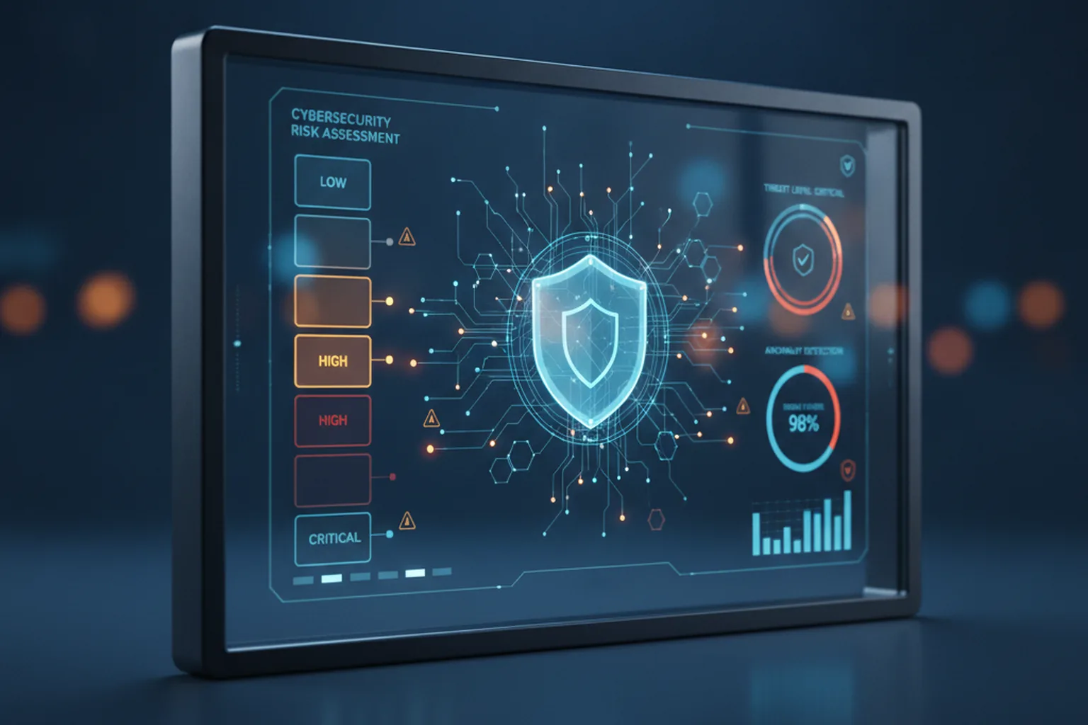 Cybersecurity risk assessment dashboard showing capability tiers from Low to Critical with shield icon and AI neural network elements