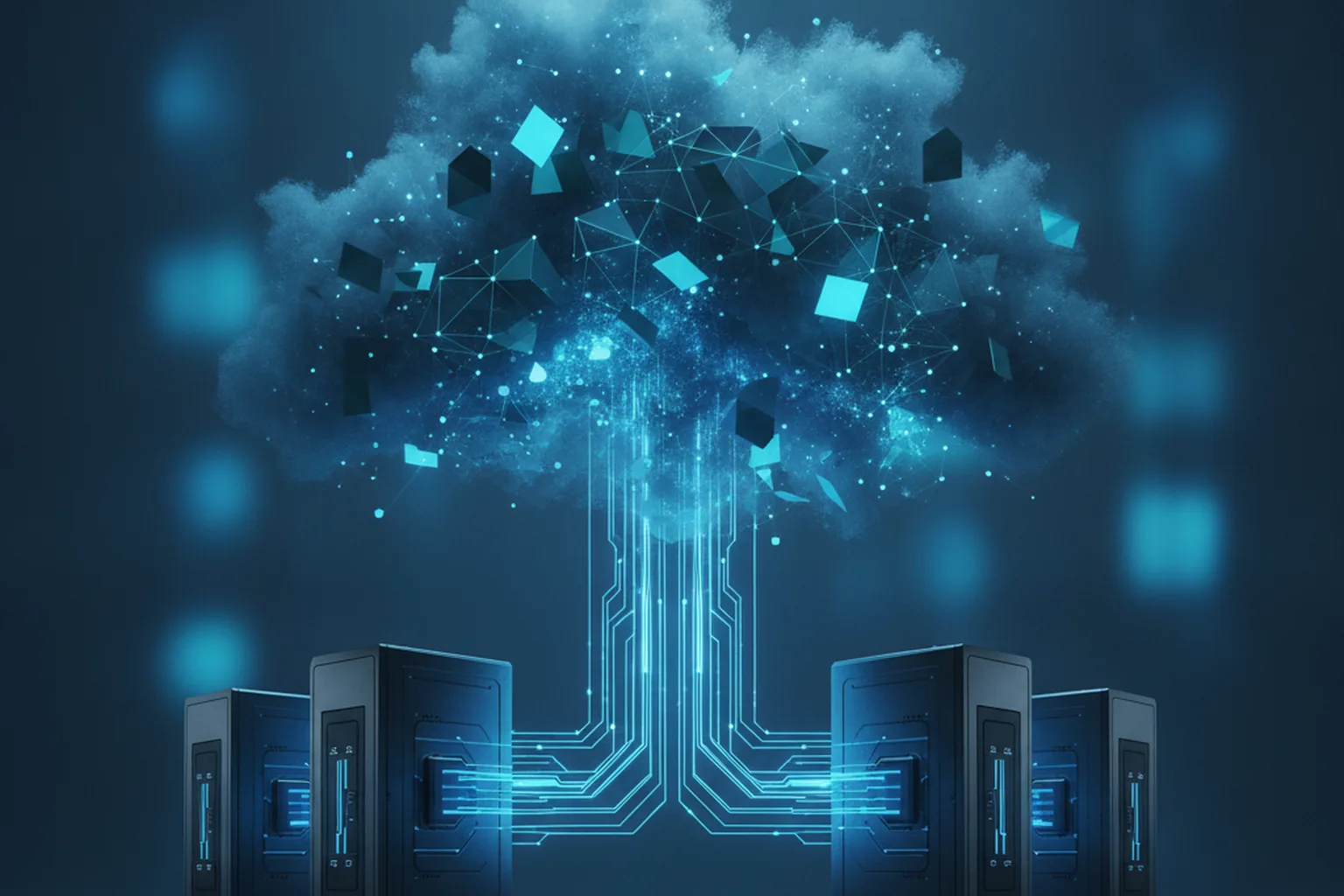 Enterprise data servers feeding glowing data streams up into an abstract network of autonomous software agents inside a private cloud