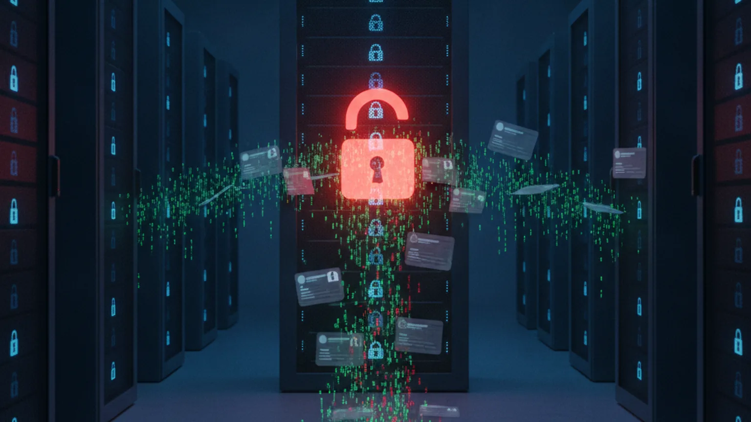 Dark server room with one central rack glowing red behind an open padlock as streams of personnel record cards and data leak out, illustrating a zero-day data-theft breach