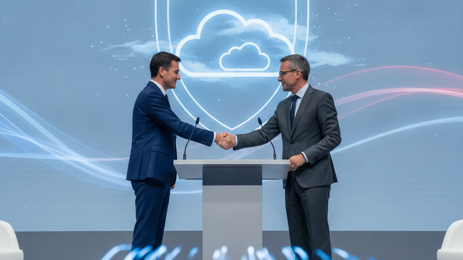 Deux responsables se serrant la main sur une scène de conférence, devant un écran affichant un bouclier numérique bleu en forme de nuage, symbolisant le Pacte numérique et IA et la souveraineté numérique française
