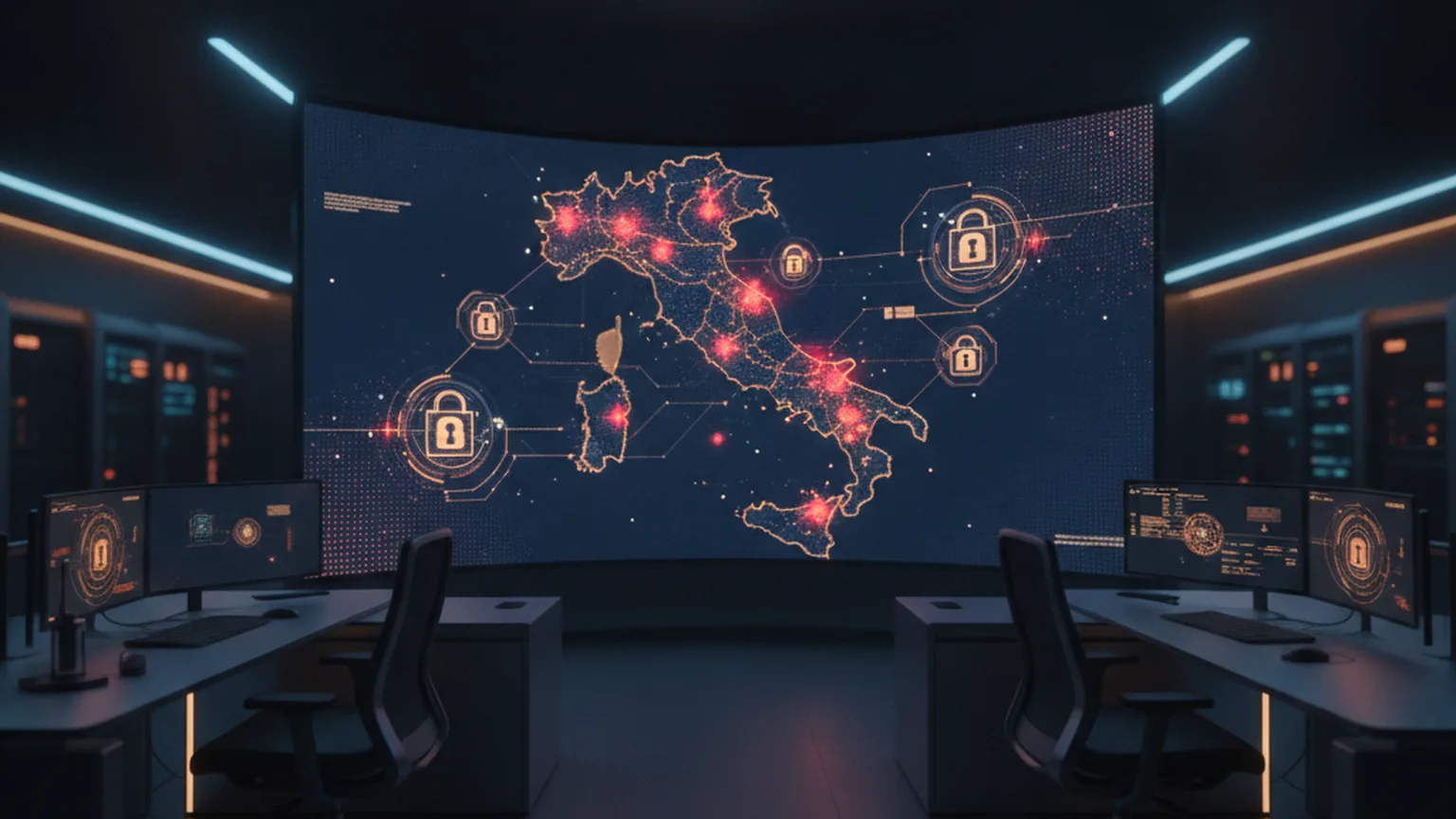 Centro operativo di cybersicurezza con mappa dell'Italia e nodi di allarme ransomware in rosso, icone di lucchetto e sistemi cifrati, atmosfera professionale in blu scuro