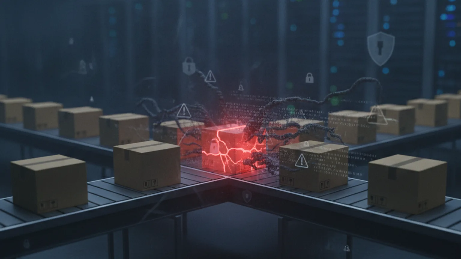 A conveyor belt of identical cardboard packages in a dark data center with one box glowing red and cracked open leaking dark tendrils of code, illustrating a poisoned open-source package