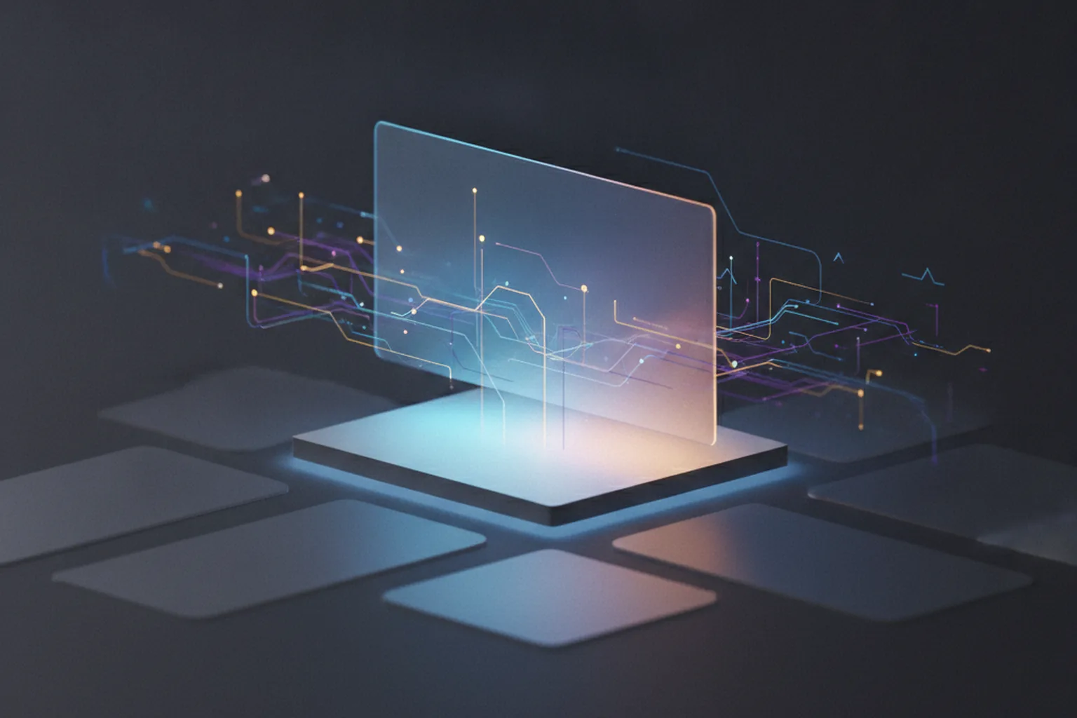One glowing content card rises and brightens above several dimmer cards inside a dark AI interface, a metaphor for winning visibility inside AI search answers