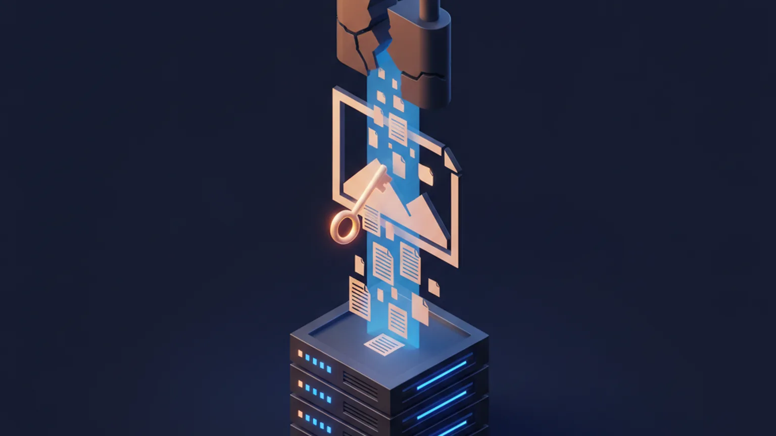 Isometric illustration of a broken padlock over an image file leaking documents and a key out of a server rack in amber and electric blue on a deep navy background