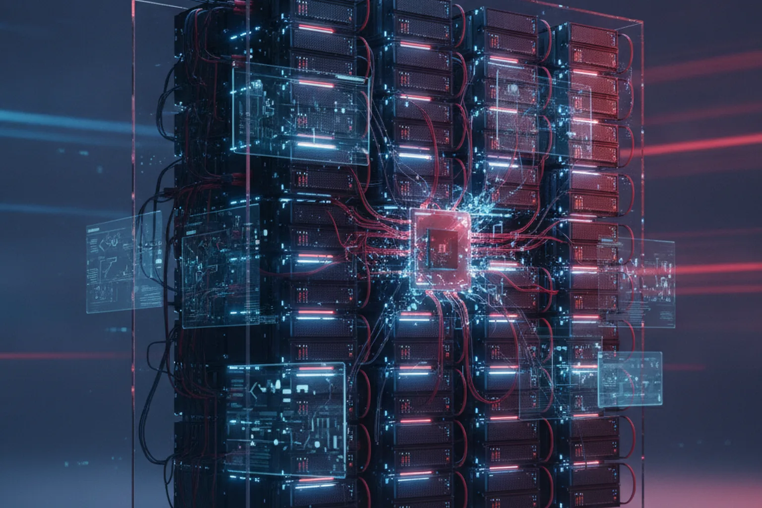 Distributed AI server cluster with red alert indicators showing compromised GPU infrastructure in a cybersecurity breach scenario