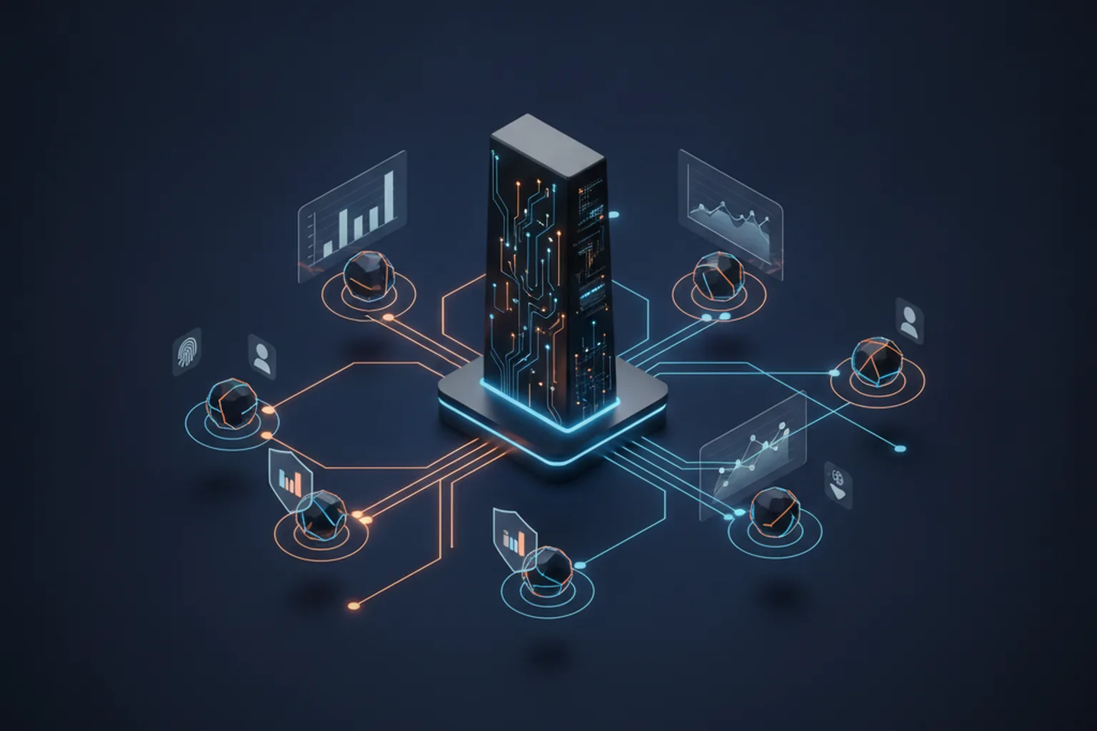 Isometric illustration of a central enterprise control plane orchestrating many autonomous AI agent nodes, linked to identity badges, policy shields and observability dashboards on a deep navy background