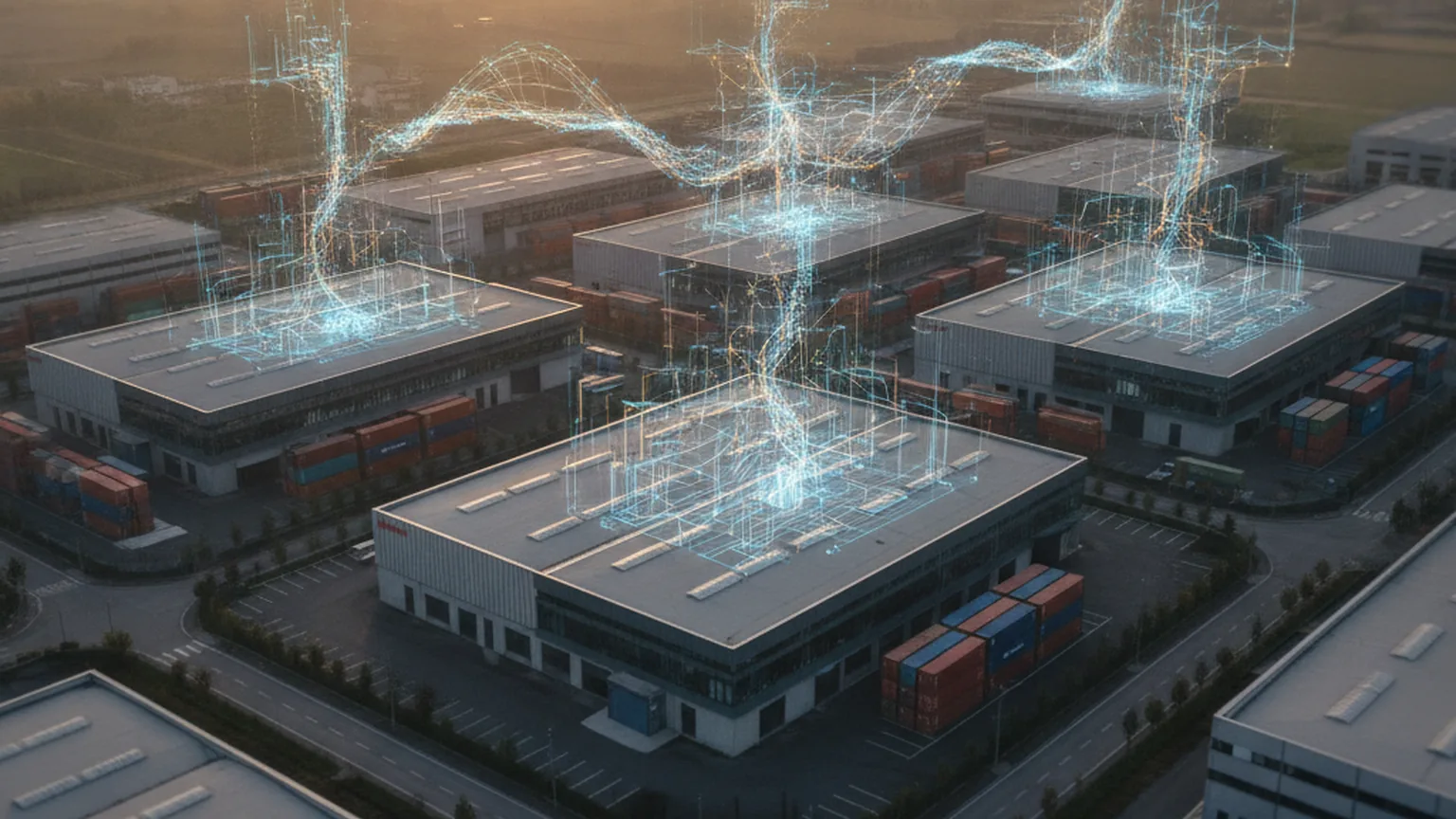 Veduta aerea all'alba di un distretto industriale italiano con capannoni e container, attraversato da flussi di dati luminosi blu e ambra che salgono dai tetti, a rappresentare gli investimenti in intelligenza artificiale delle imprese esportatrici