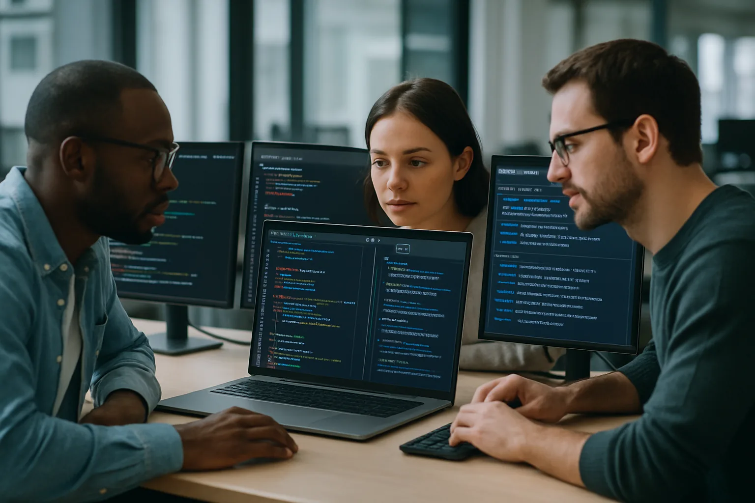 Developers collaborating around a shared AI coding workspace with agent activity streams and code diffs on multiple screens in a modern open-plan office