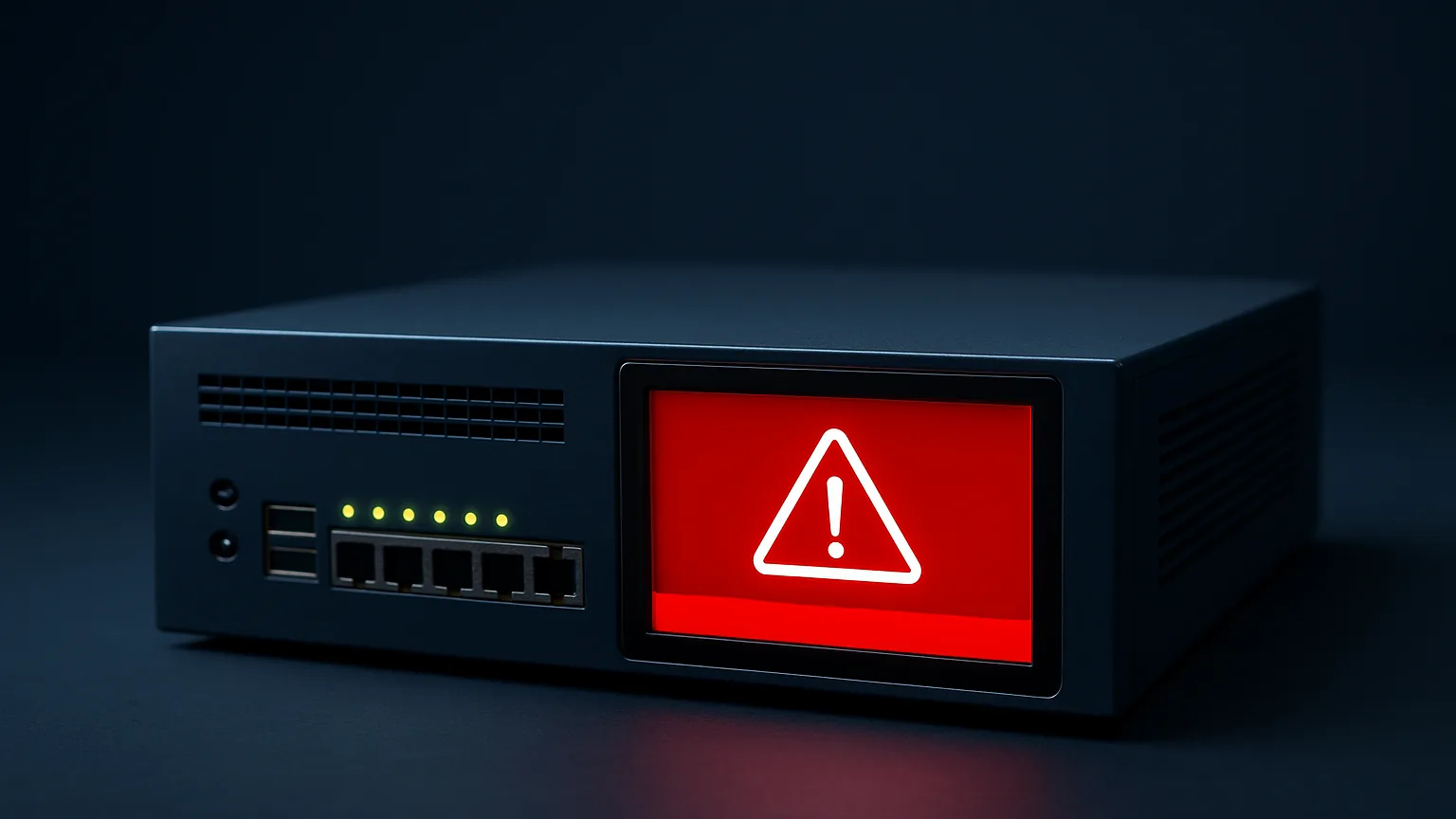 Équipement réseau d'entreprise avec écran d'alerte critique rouge, représentant la vulnérabilité des passerelles VPN SonicWall SMA 1000 ciblées par des attaquants
