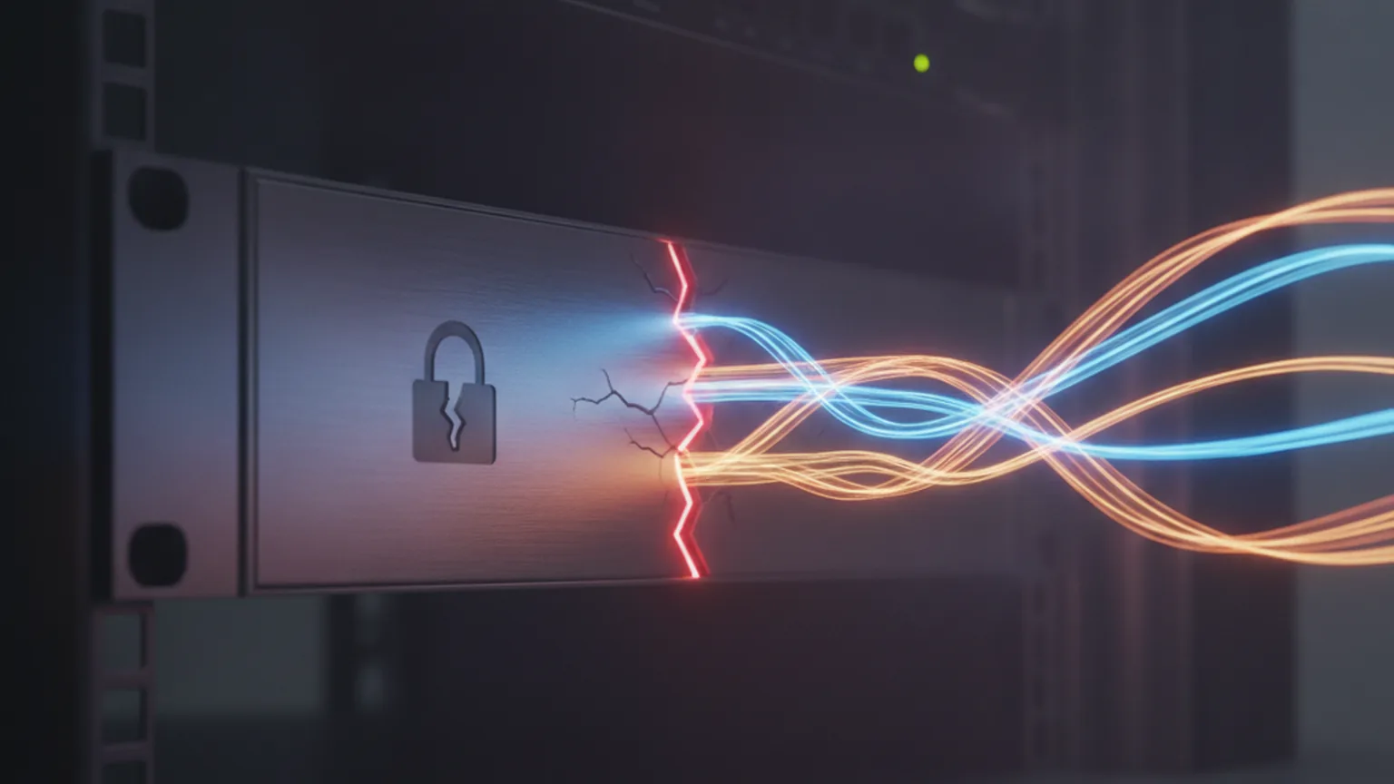A rack-mounted network security appliance with a broken padlock and a glowing red crack along its seam, streams of light representing hijacked VPN sessions and stolen credential tokens flowing out into a dark server room