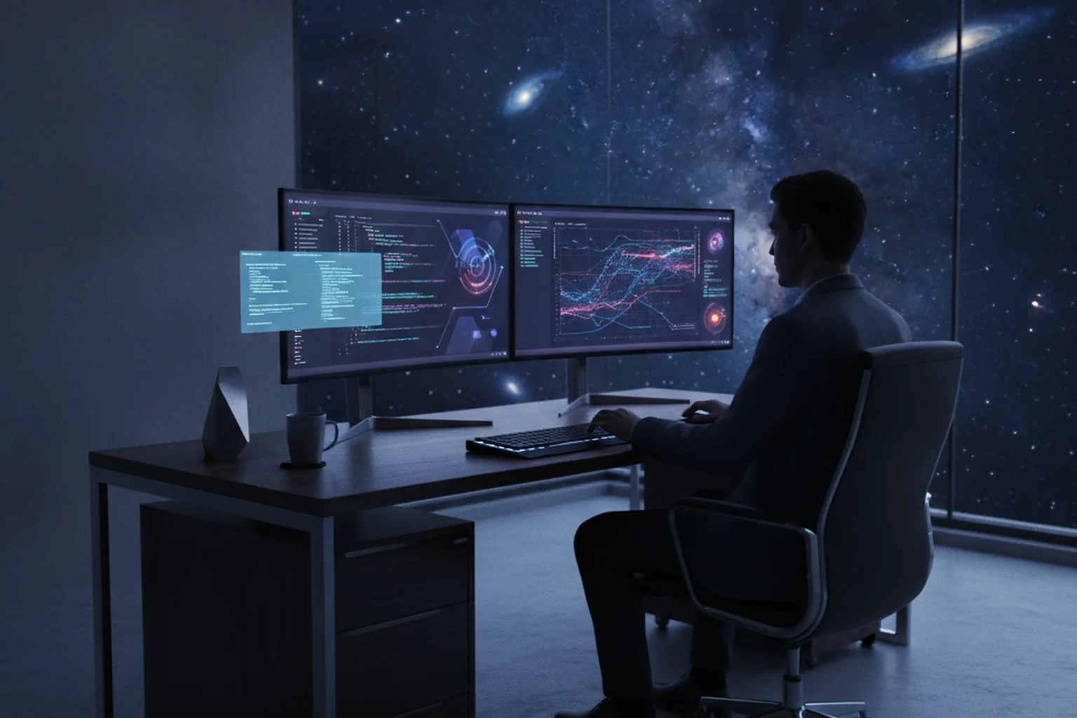Software engineer at a dark workstation with dual monitors showing AI-assisted code and data visualizations, with a cosmic space background