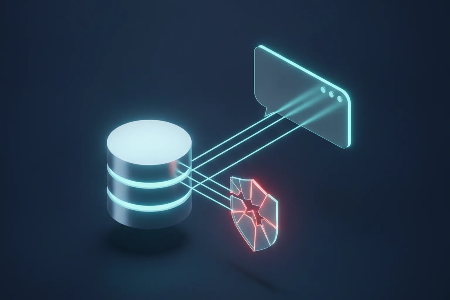 Isometric illustration of a database cylinder linked by cyan light lines to an AI chat panel, with a cracked shield glowing red between them signaling a bypassed guardrail