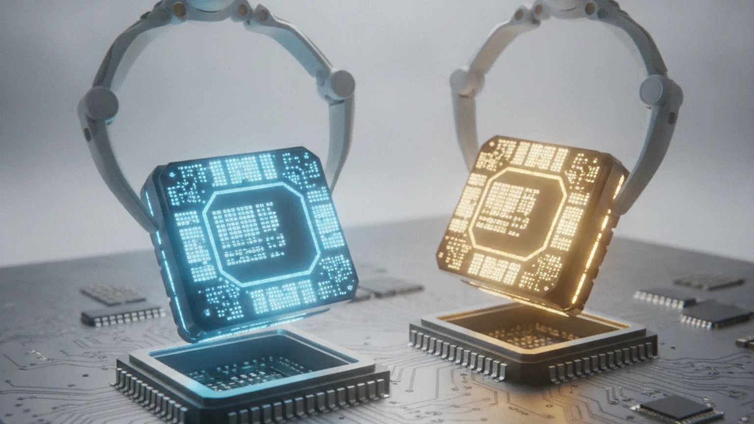 Two robotic arms placing glowing blue and gold chip modules into sockets on a circuit board, illustrating swapping one AI model provider for another behind an application