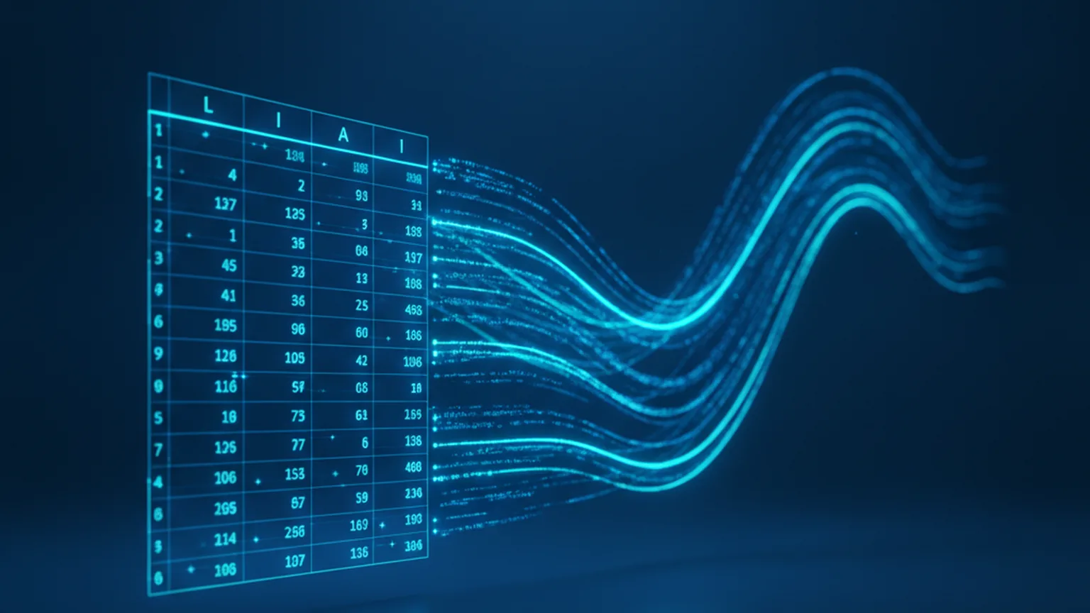 A glowing grid of structured data numbers on the left resolving into flowing predictive signal curves on the right, illustrating a tabular foundation model turning tables into forecasts