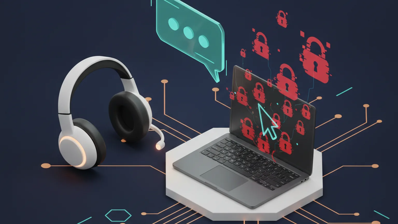 Isometric illustration of an IT-support headset and a glowing chat bubble beside a laptop overrun with red ransomware padlock icons and a remote-control cursor, on a deep navy circuit-board background