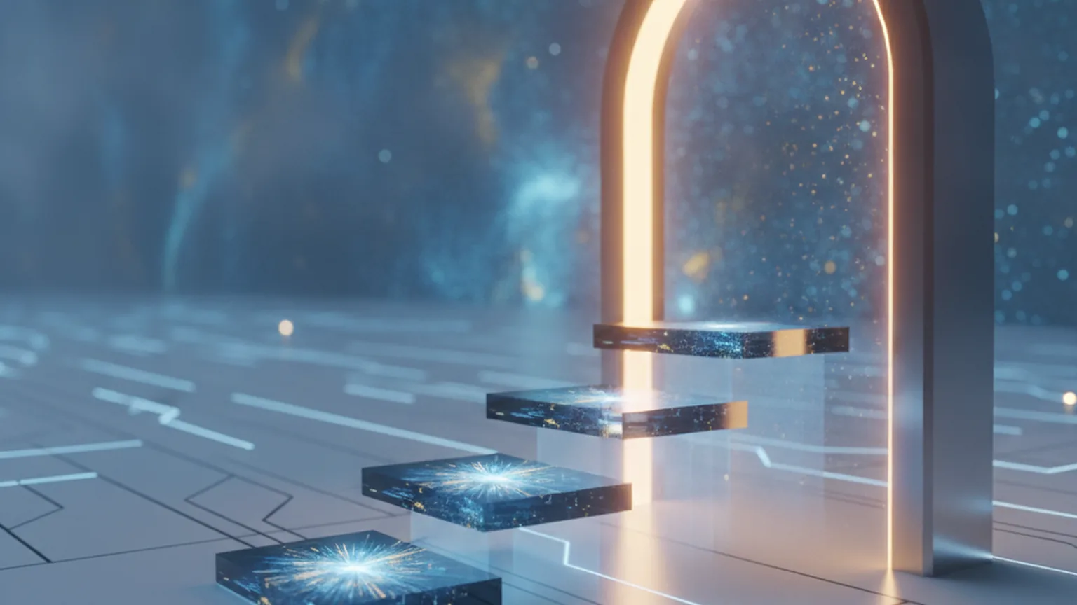 Three glowing translucent tiers of ascending height rising through an illuminated archway gateway in a data corridor, illustrating three model variants clearing a review before public release