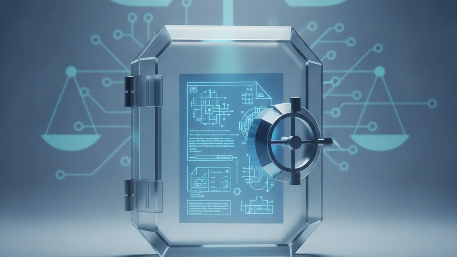 A translucent secure vault holding a glowing technical blueprint with circuit patterns and faint balance-scale motifs, illustrating trade-secret protection in technology