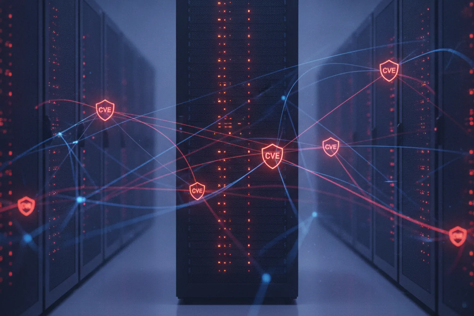 Dark enterprise data center with red CVE shield indicators and network attack vectors representing an active China-nexus APT exploitation campaign against VMware vCenter