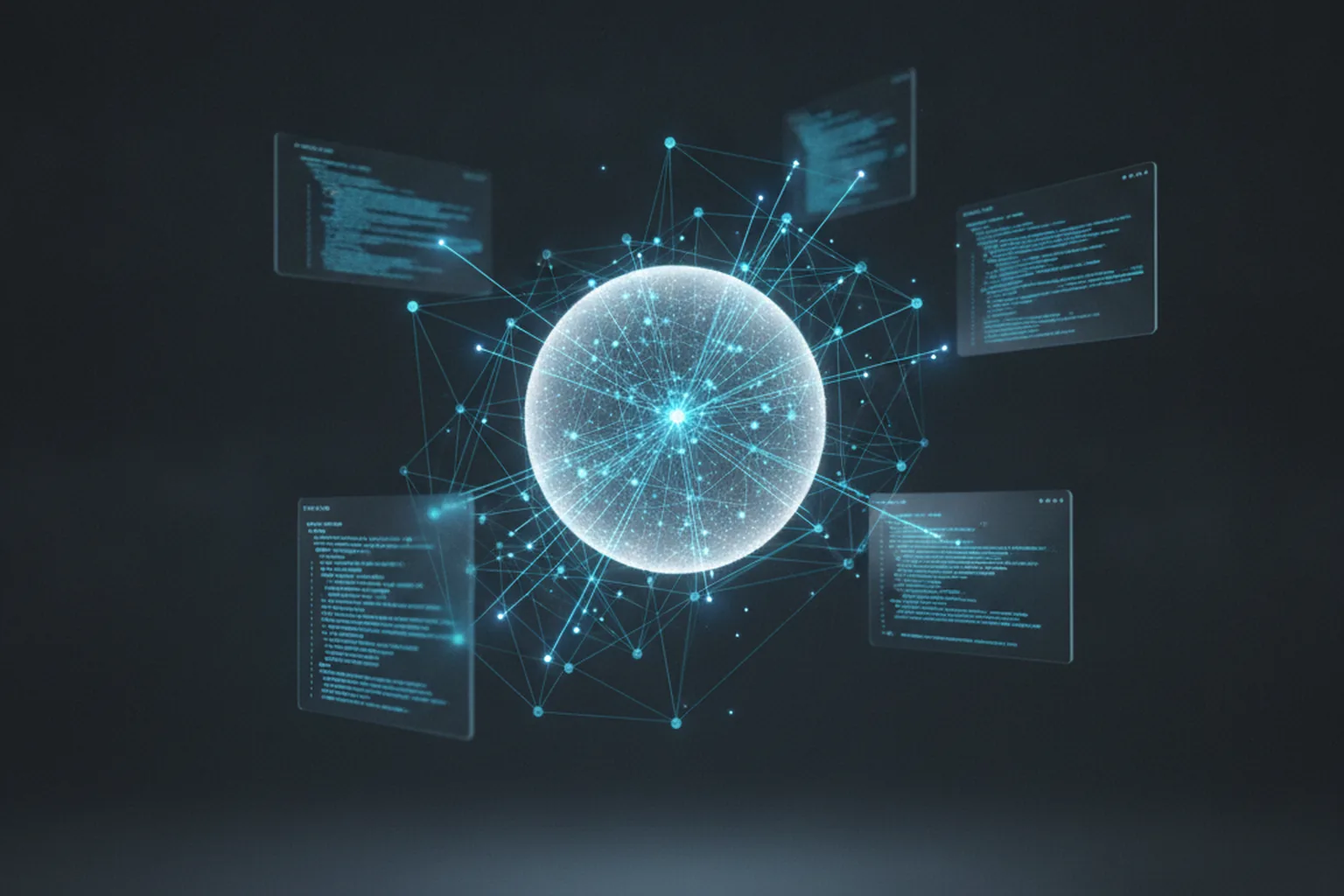 Floating code editor panels connected to a central luminous network node, representing VS Code's new decoupled Agent Host architecture