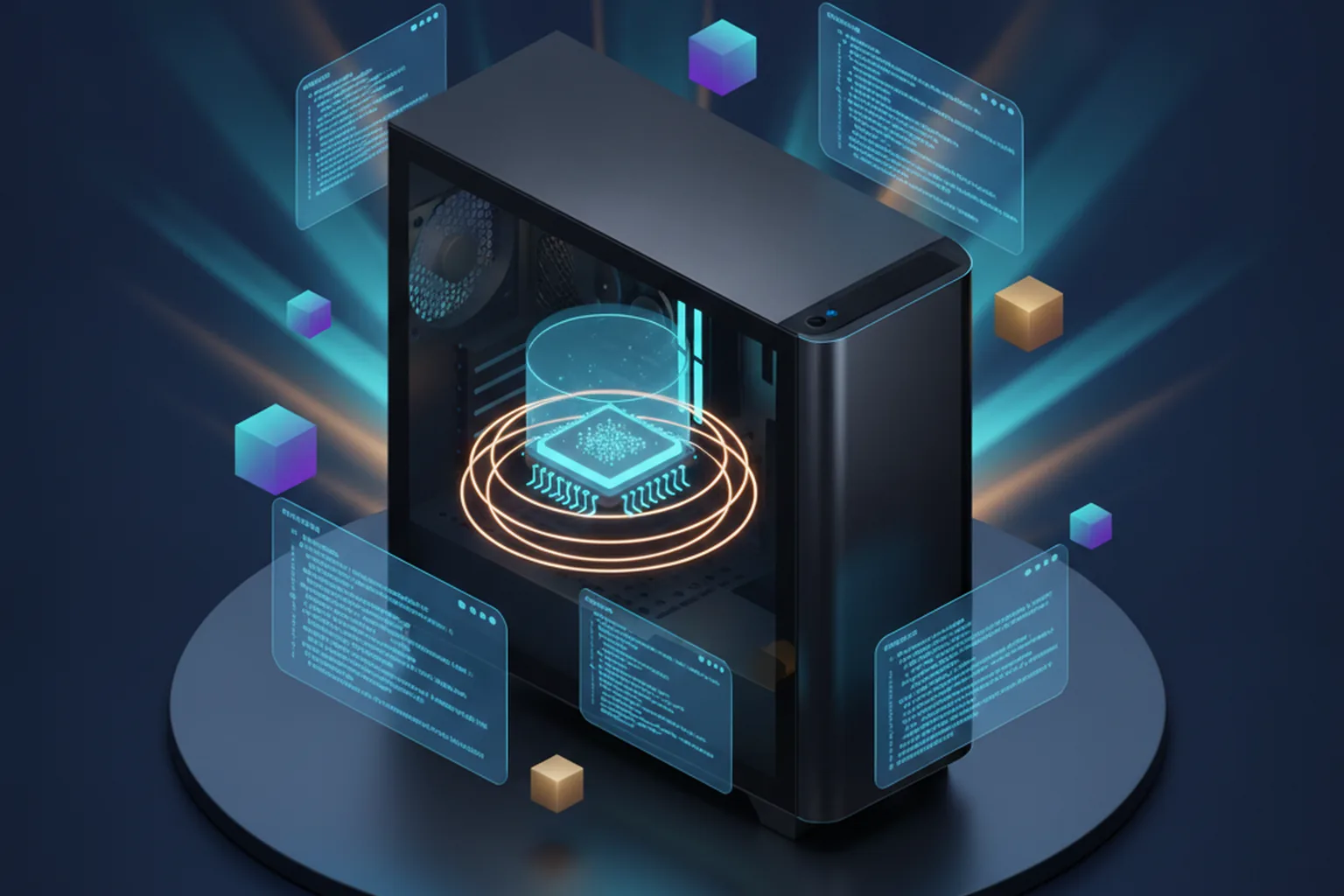 Isometric illustration of a high-end developer desktop PC with a glowing chip inside protected by containment rings, surrounded by floating holographic code windows and small model blocks on a dark navy background
