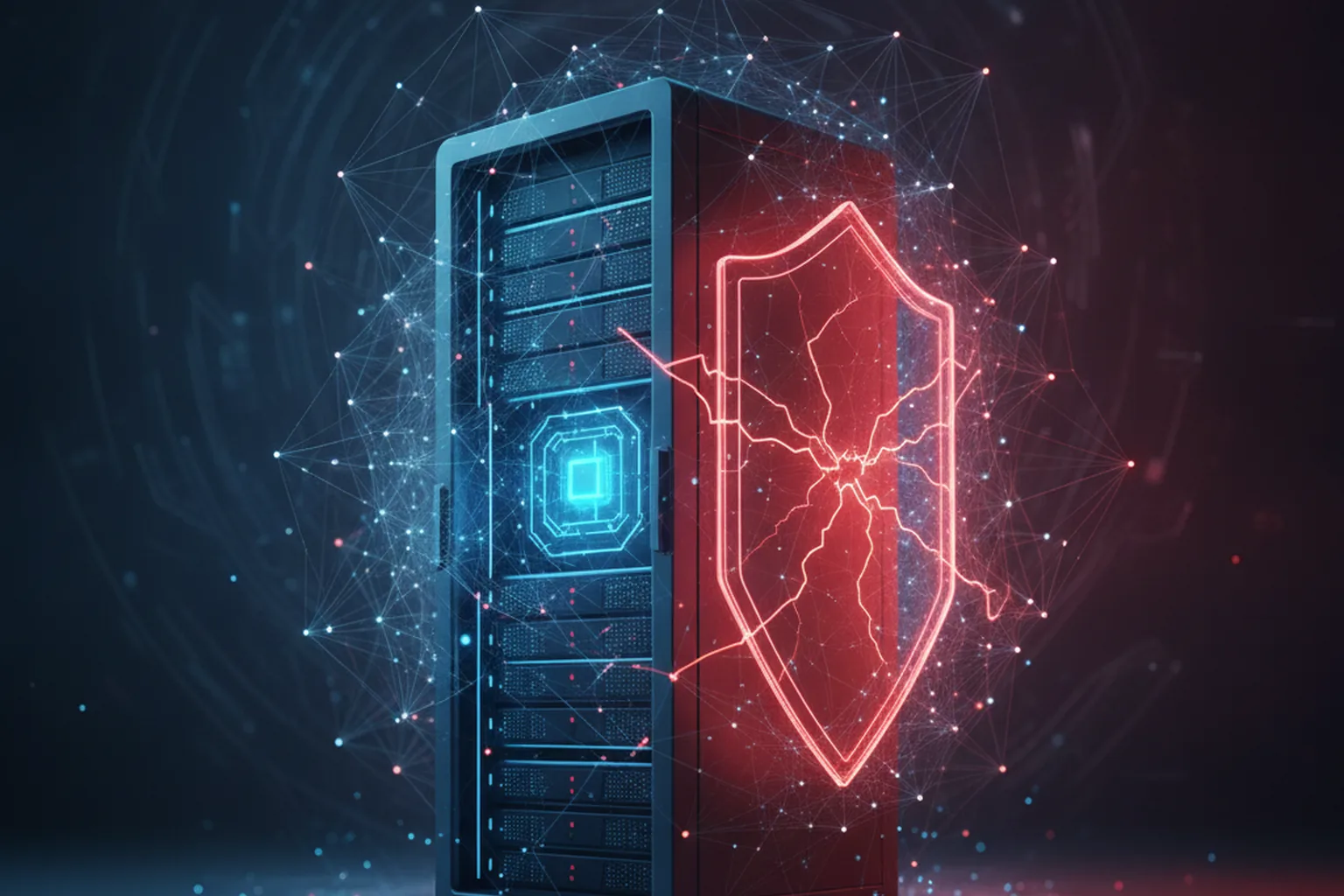 Server rack with cracked red security shield glowing over a dark blue network background representing a critical Windows kernel vulnerability under active attack