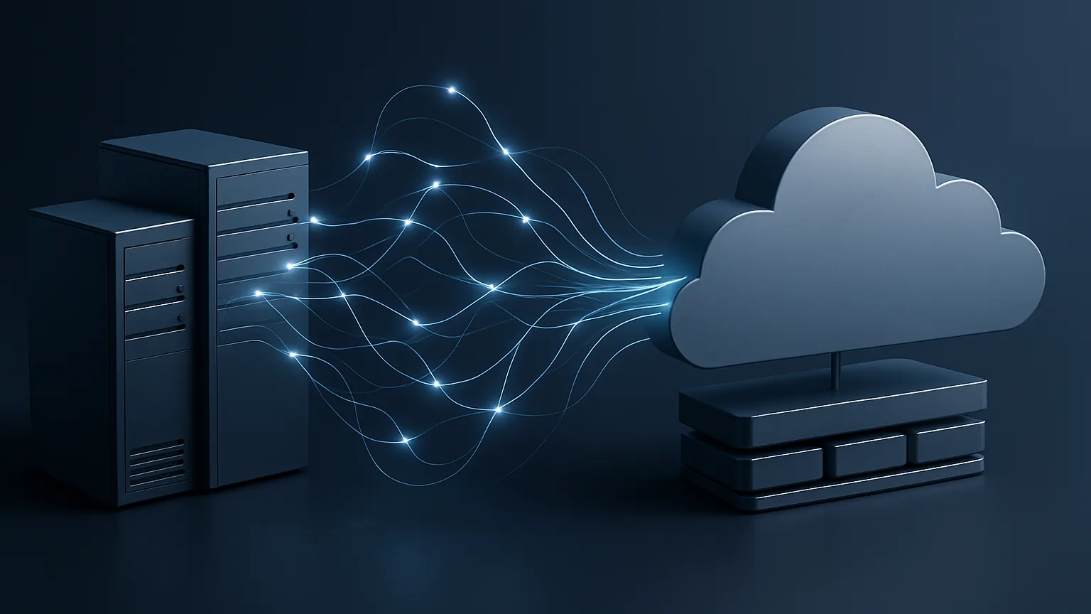 Abstrakte Darstellung der Migration von Legacy-Banksystemen auf eine cloud-native Kernbankplattform — symbolisch für die Deutsche-Bank-Transformation mit Vault Core