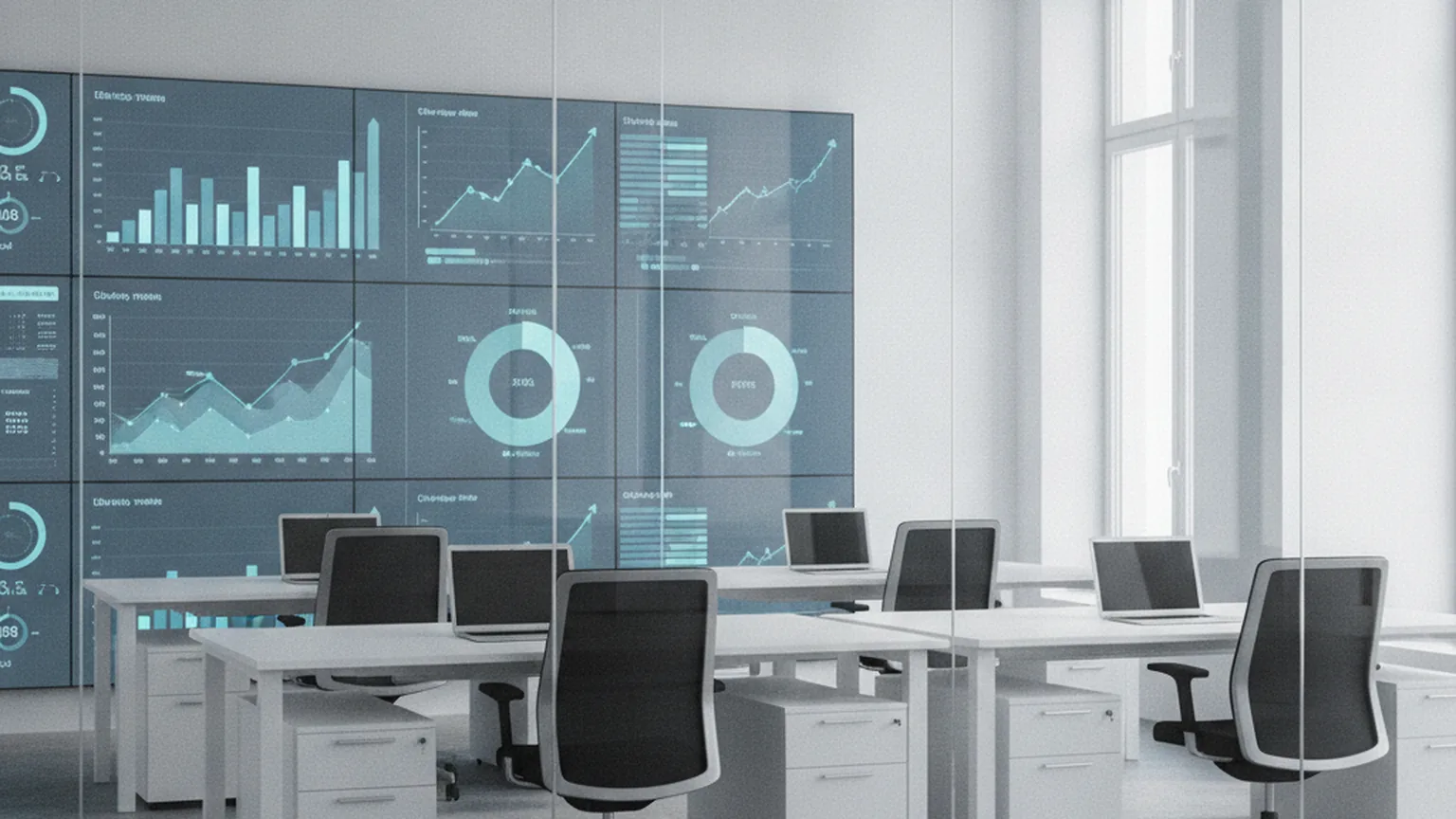 Modernes Büro mit einer Wand aus Business-Intelligence-Dashboards mit steigenden Diagrammen — symbolisch für den Abstand zwischen breitem KI-Einsatz und messbarem Nutzen in deutschen Unternehmen