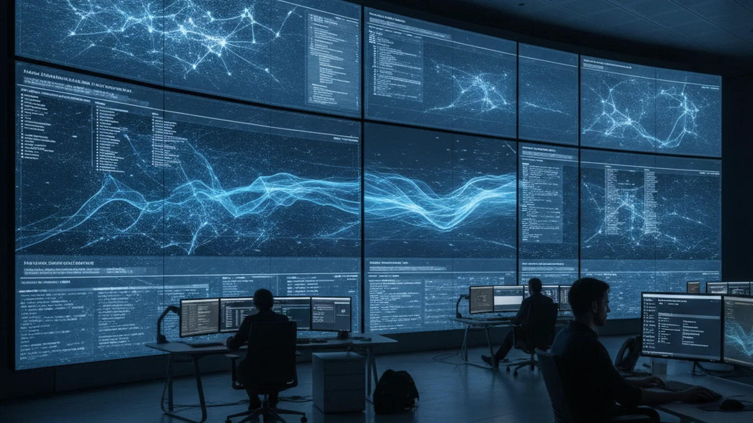 Lagezentrum mit großer Monitorwand, auf der abstrakte KI-Netzgraphen und Sicherheits-Dashboards zu sehen sind, davor Analysten an Arbeitsplätzen — Sinnbild für die technische Prüfung agentenfähiger KI-Modelle