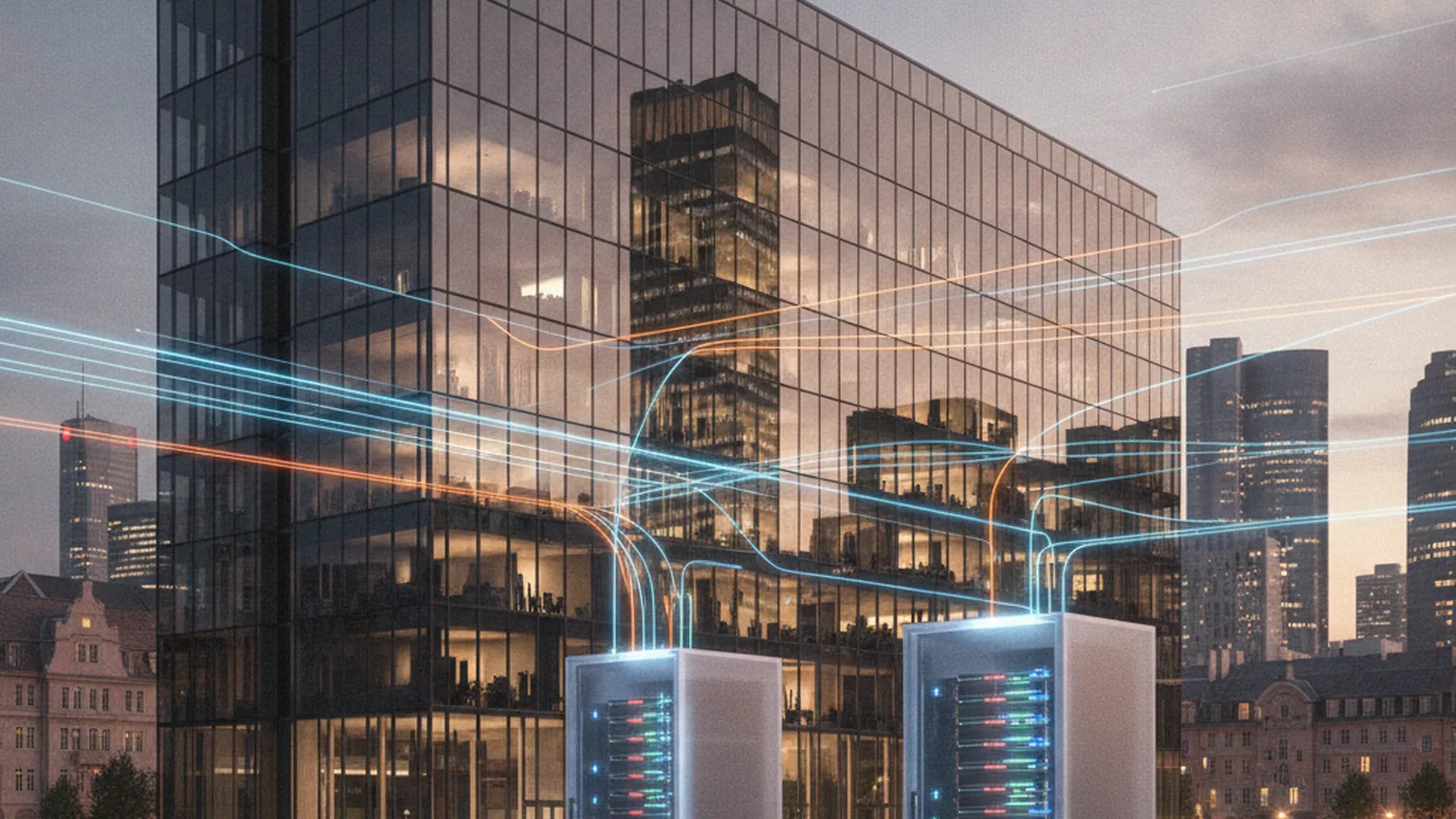 Gläserne Firmenzentrale in der Abenddämmerung mit einer Skyline im Hintergrund und leuchtenden digitalen Netzwerklinien, die zu zwei Server-Racks führen — Symbol für die grenzüberschreitende Übernahme eines deutschen SAP-Dienstleisters
